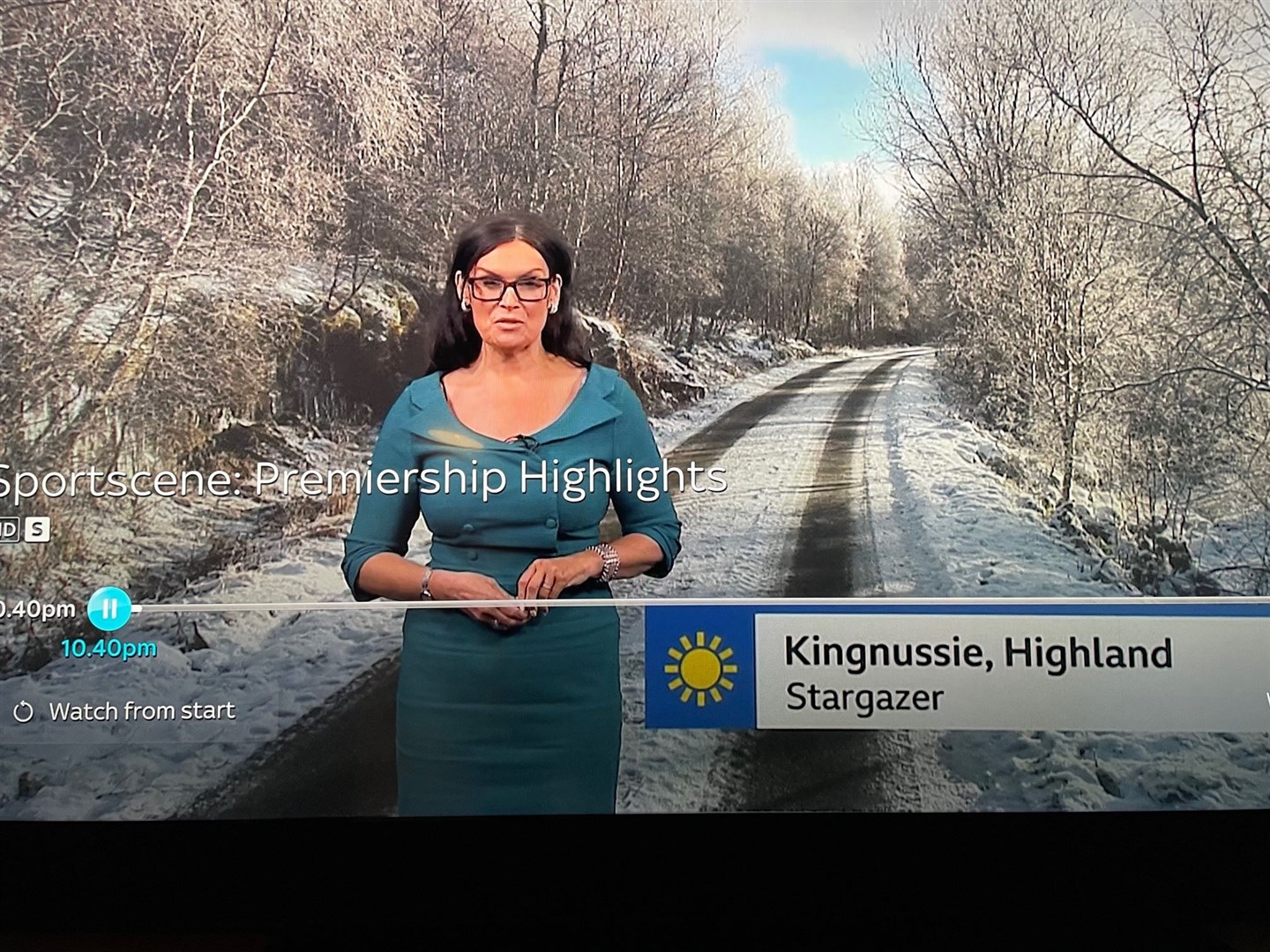 BBC weather forecaster Judith Ralston with the image depicting 'Kingnussie'.