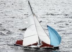 Valhalla approaching the finish line in first position during race two at Sarclet Loch.