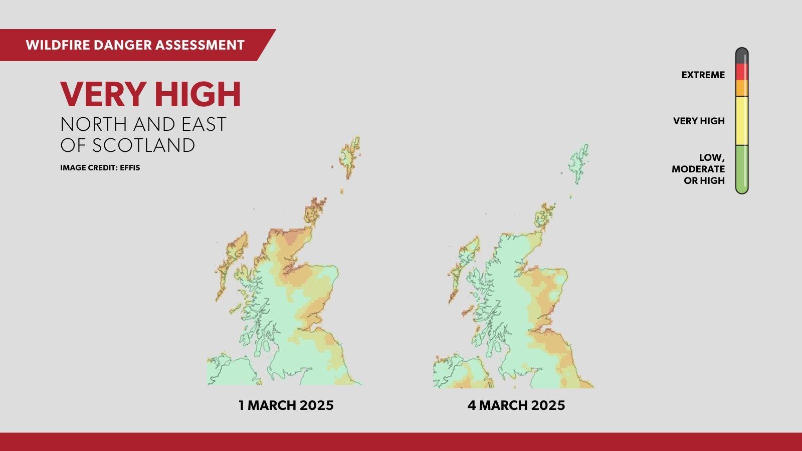 A map from the Scottish Fire and Rescue Service shows the extent of the wildfire risk across the north and east of the country.
