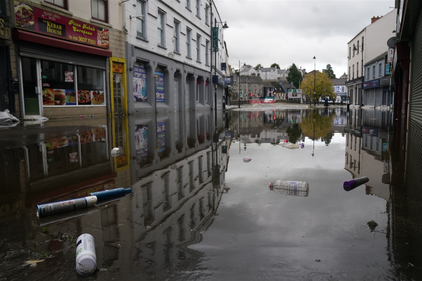 Debris and flood water in Sugar Island, Newry Town (Brian Lawless/PA)