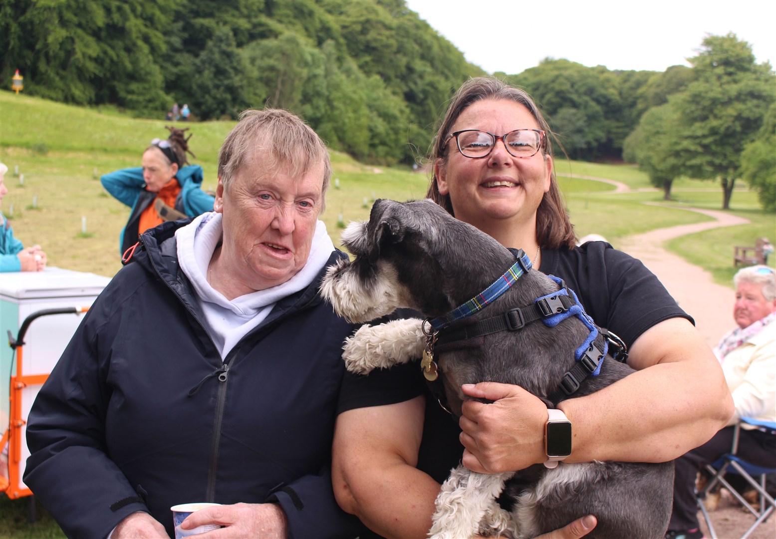 Audrey Catto with Clarity Walk leader Lo MacLeod and dog Angus.