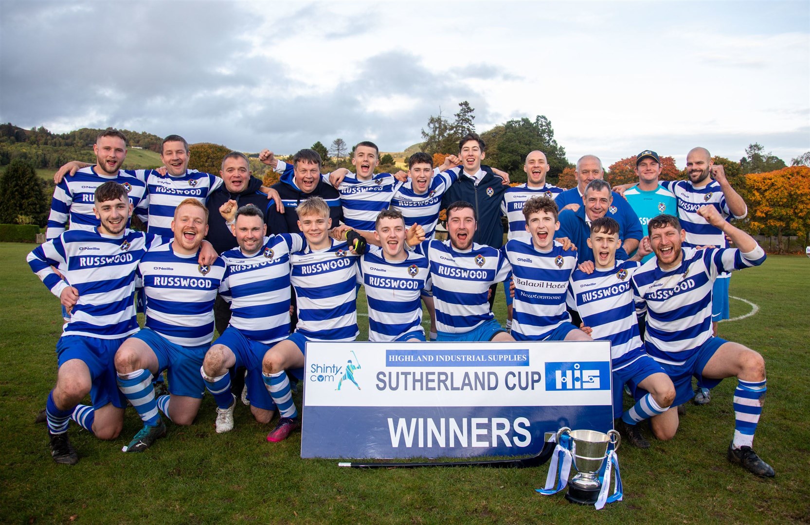 Newtonmore second team celebrate winning the HIS Sutherland Cup winners again this season.