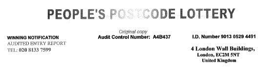 The letterhead of the Postcode Lottery fake correspondence.