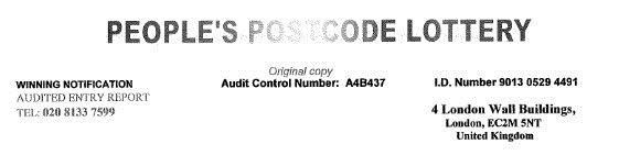 The letterhead of the Postcode Lottery fake correspondence.
