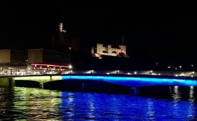 Ness Bridge was lit up for Fair Trade Week, but now the catastrophic action of imperialistic Russia will the reason for the display of the Ukraine national colours