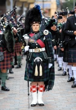 Massed pipers at Armed Forces Day Parade, before Inverness Highland Games