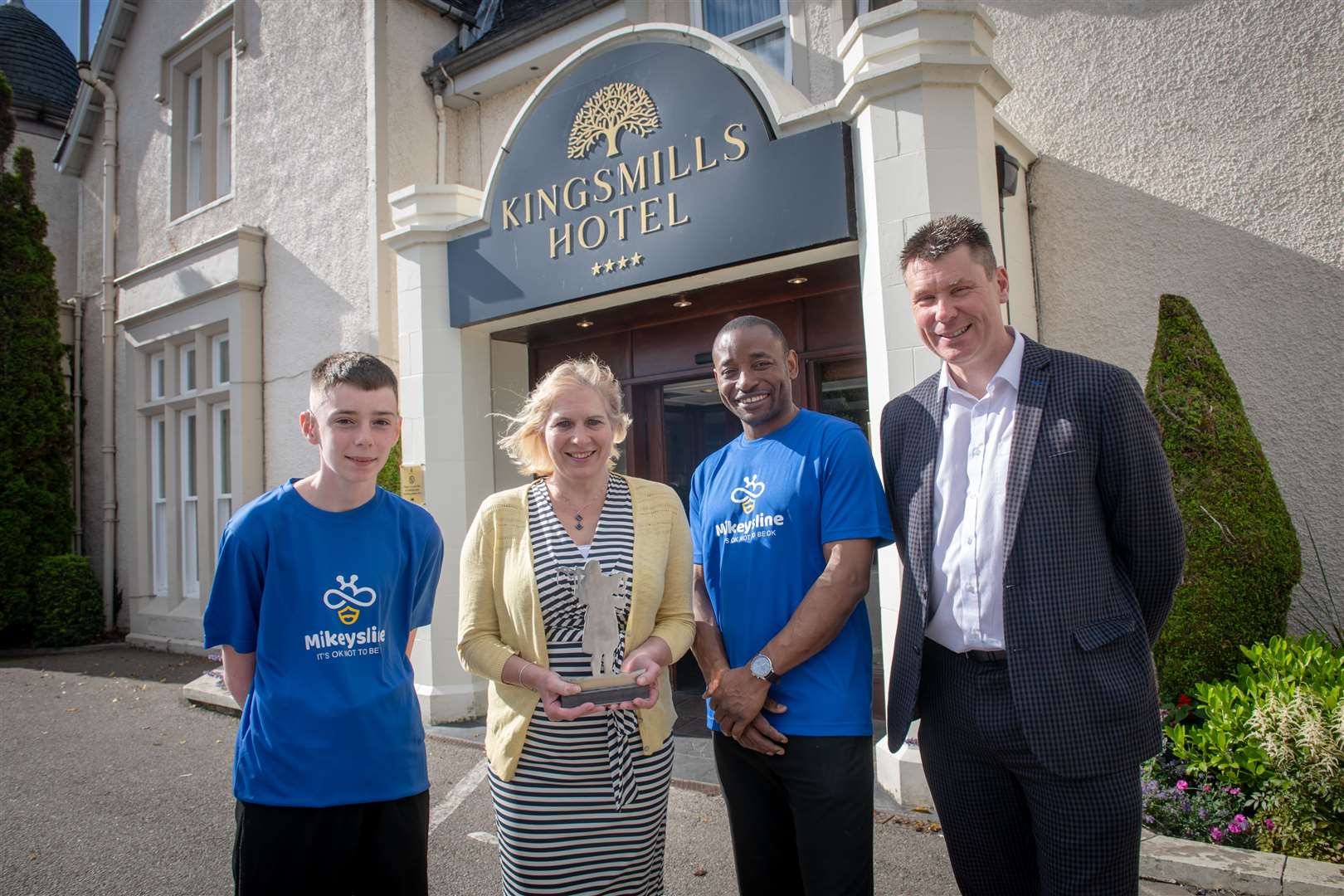 Launching the Awards charity partnership with Mikeysline is Connor Rodden, Mikeysline CEO Emily Stokes, Ricardo Downer and operations director of the Kingsmills Group, Craig Ewan. Picture: Callum Mackay
