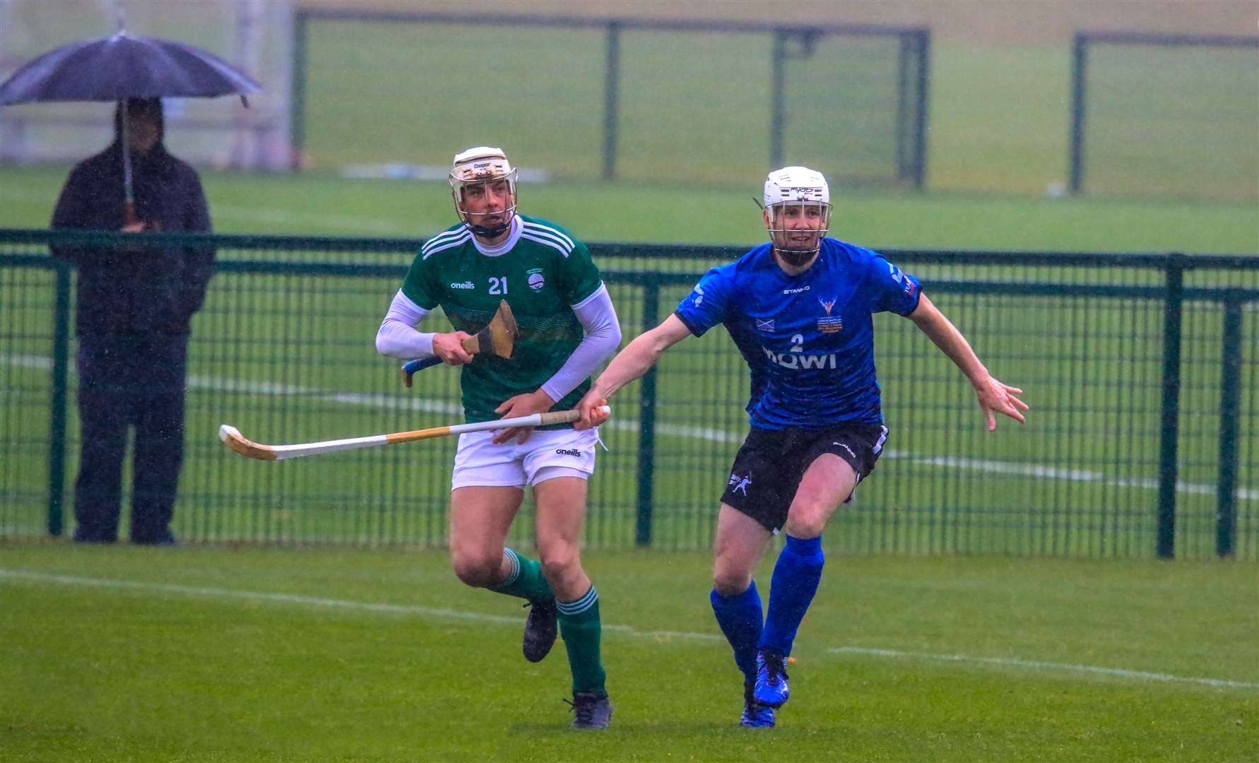 Newtonmore Camanachd's Rory Kennedy playing in a previous senior international shinty/hurling clash.