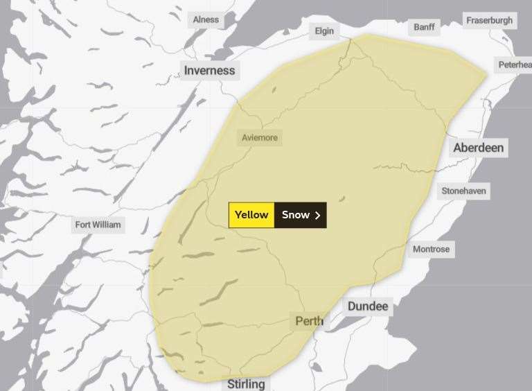 The snow alert that will run throughout all of Wednesday and Thursday, borders the Monadhliadh Mountains and extends as far north as the likes of Tomatin and the Slochd Summit. Picture: Met Office.