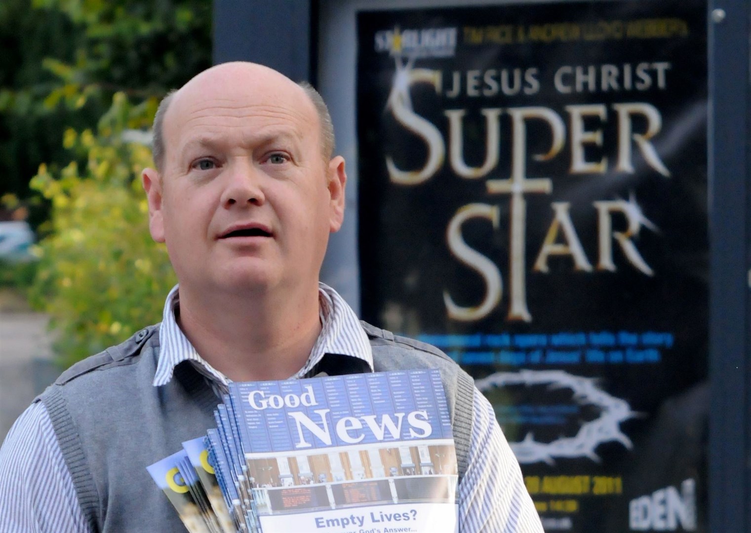 Donald Morrison campaigning outside Eden Court against the Jesus Christ Superstar musical.