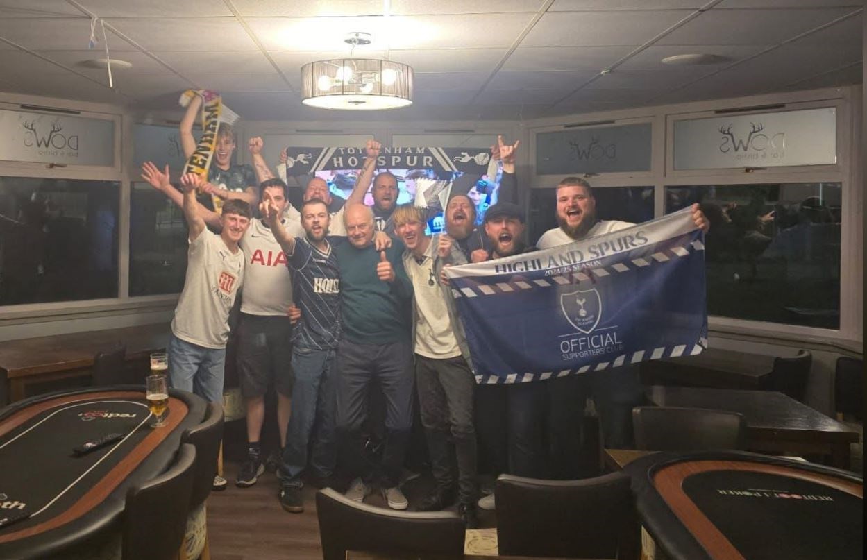 COme on you Spurs... members of the Highlands branch of Tottenham supporters celebrate after their team beat Man United 1-0 in the Europa League Cup final in Bilbao.