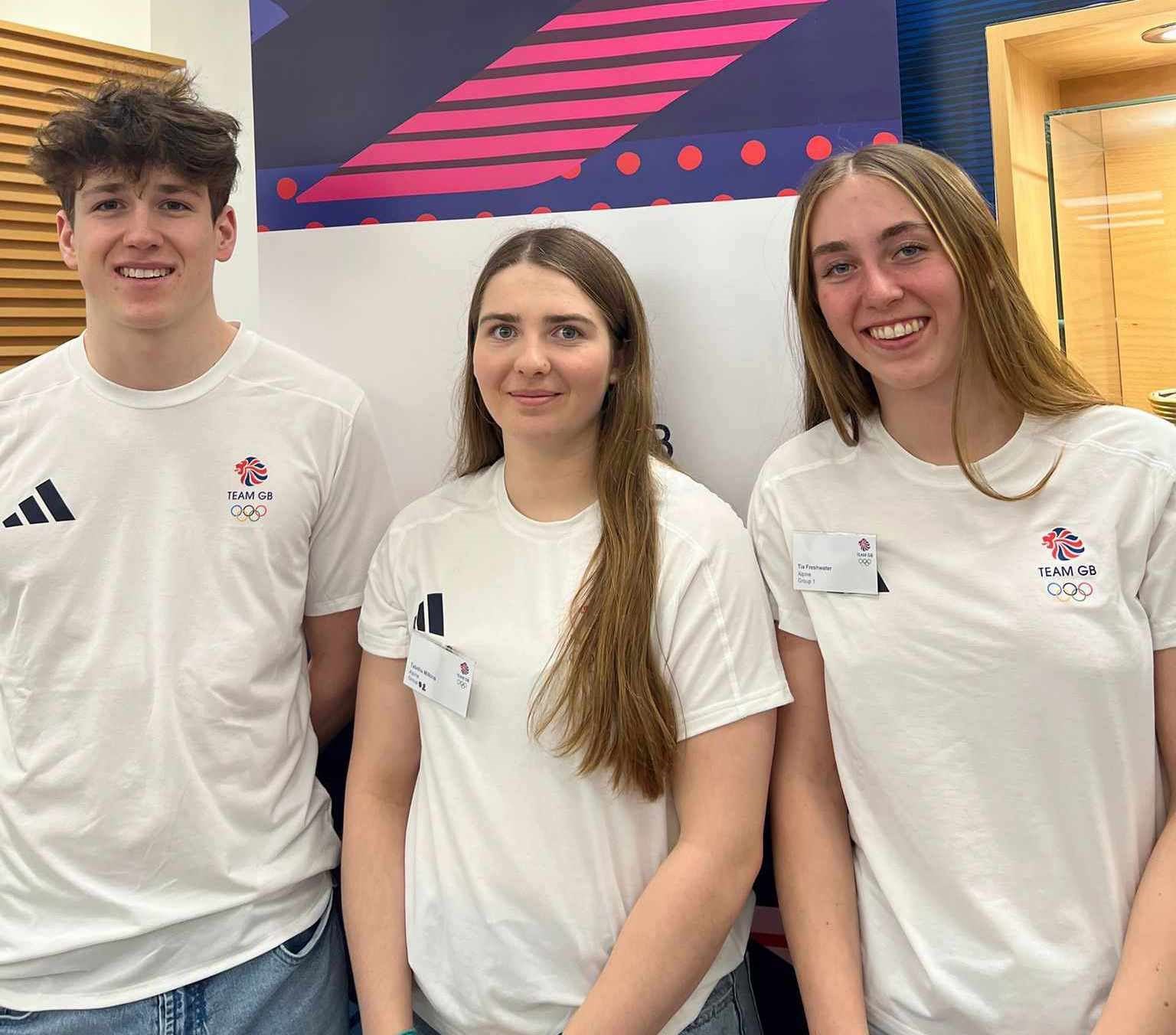TIA FRESHWATER (right) with colleagues from the Apex Academy in Tignes who are going: Hamish Blyth, Stirling and Tabitha Milkins, Chamonix.