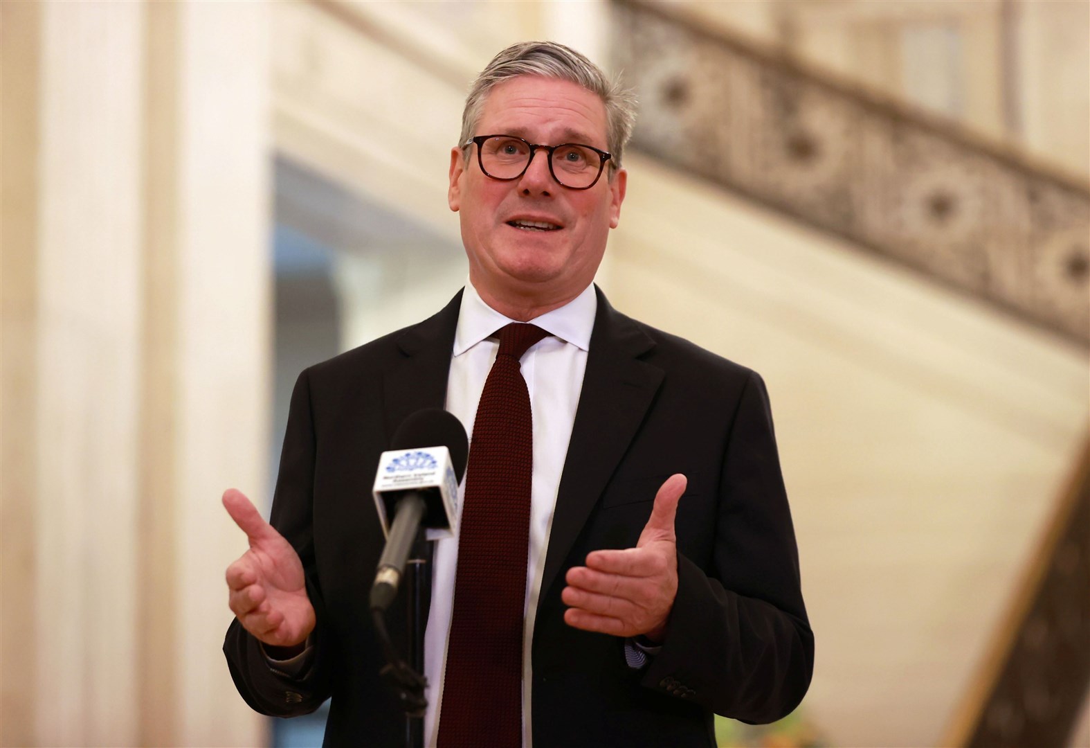 Prime Minister Sir Keir Starmer addresses the media in the Great Hall of Parliament Buildings at Stormont, Belfast, following a meeting with party leaders, during his tour of the UK following Labour's victory in the 2024 General Election. Picture date: Monday July 8, 2024. PA Photo. See PA story POLITICS Labour. Photo credit should read: Liam McBurney/PA Wire