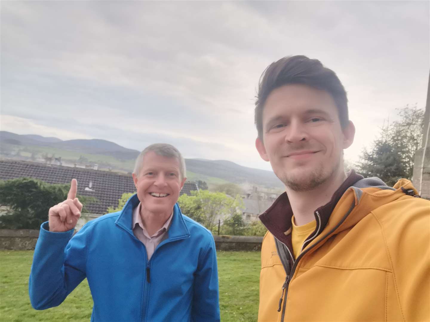 Scottish Lib Dems local candidate Declan Gallacher out with former Scottish party leader Willie Rennie meeting residents of East Terrace in Kingussie.