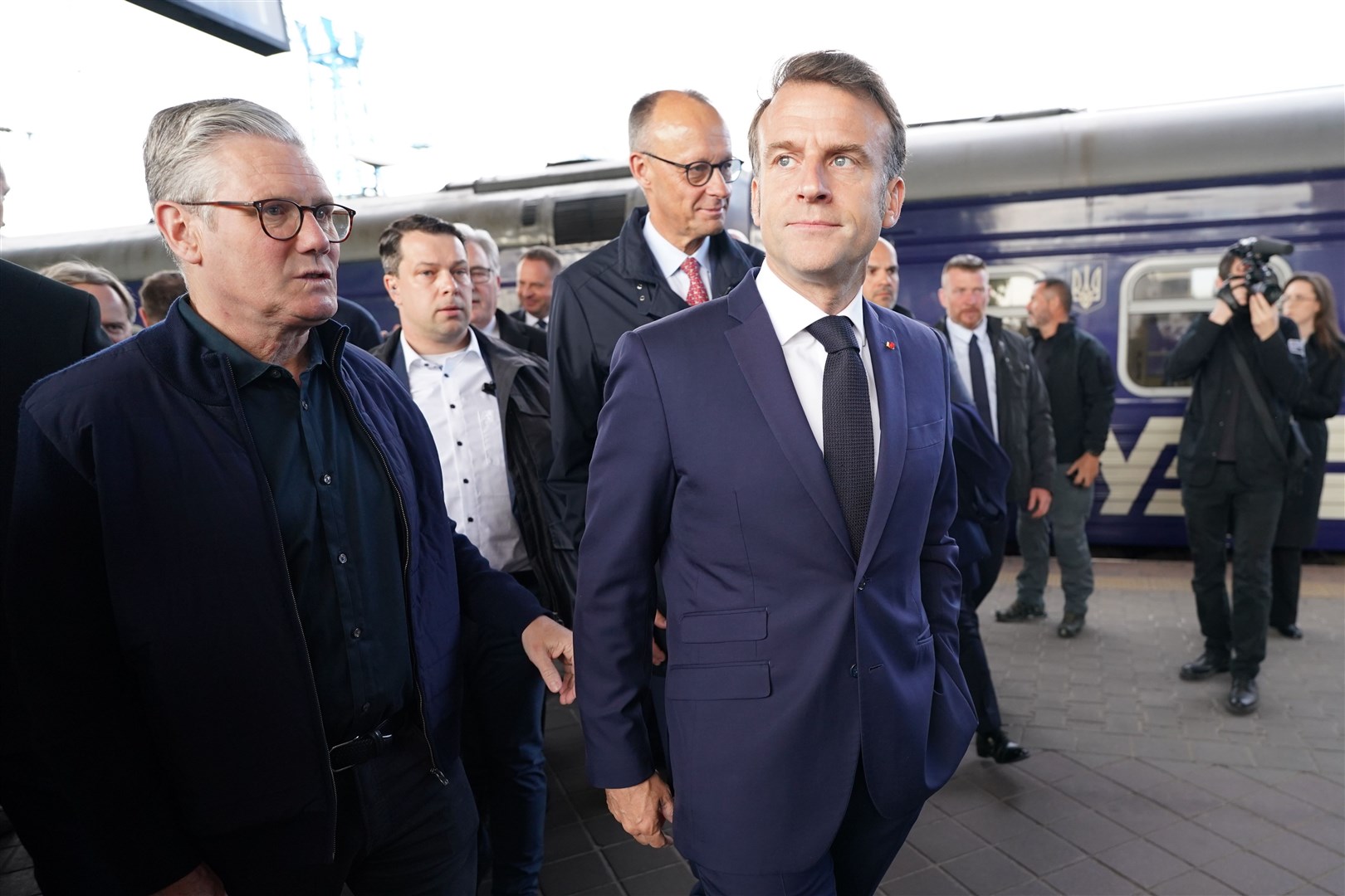 Sir Keir Starmer arrives at Kyiv’s train station with Emmanuel Macron (right) and German Chancellor Friedrich Merz (second right) (Stefan Rousseau/PA)