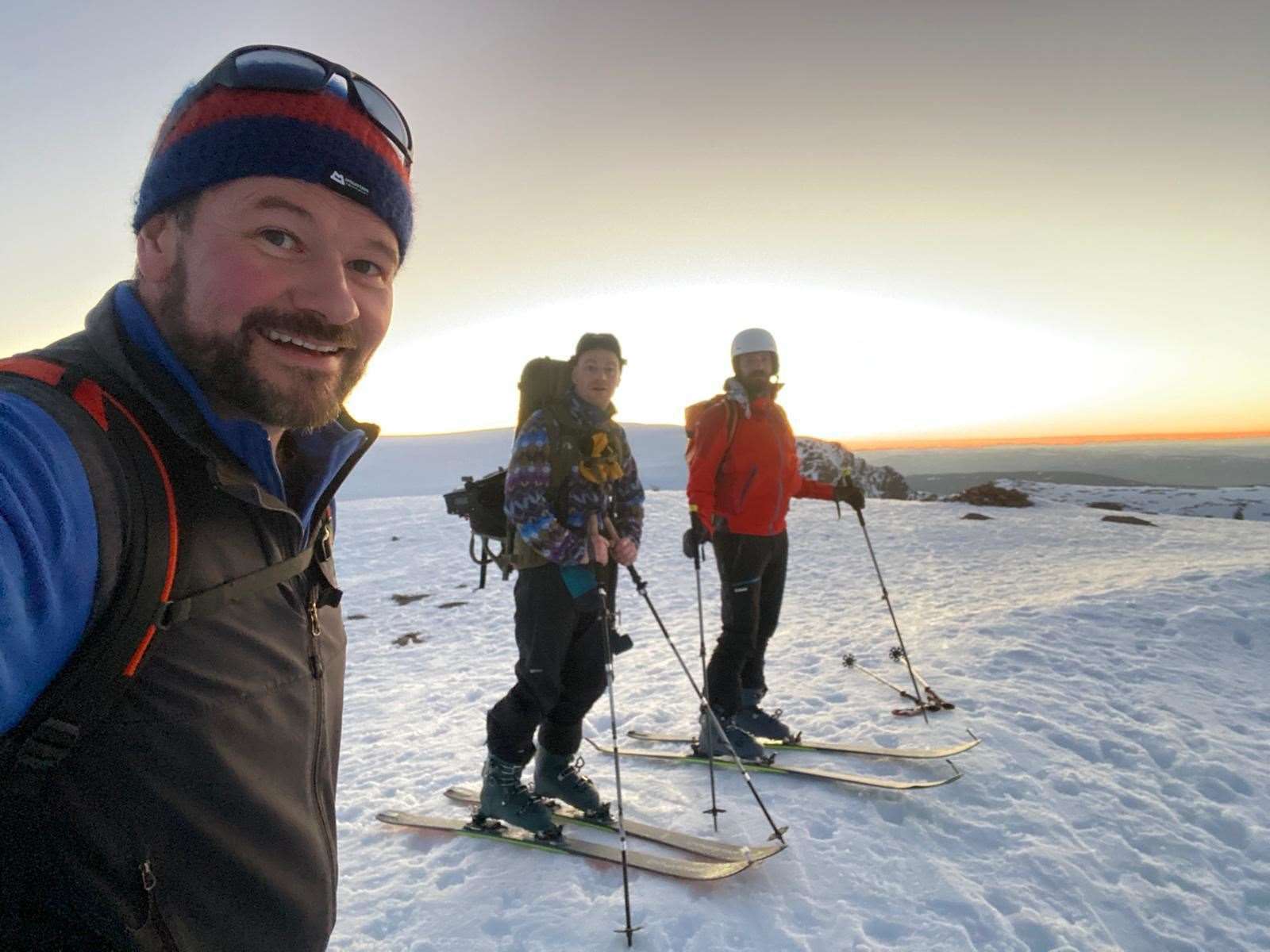 Aviemore-based mountain expert and cameraman Kirk Watson taking a selfie with Andrew O’Donnell and Mark Taylor in the Cairngorms.