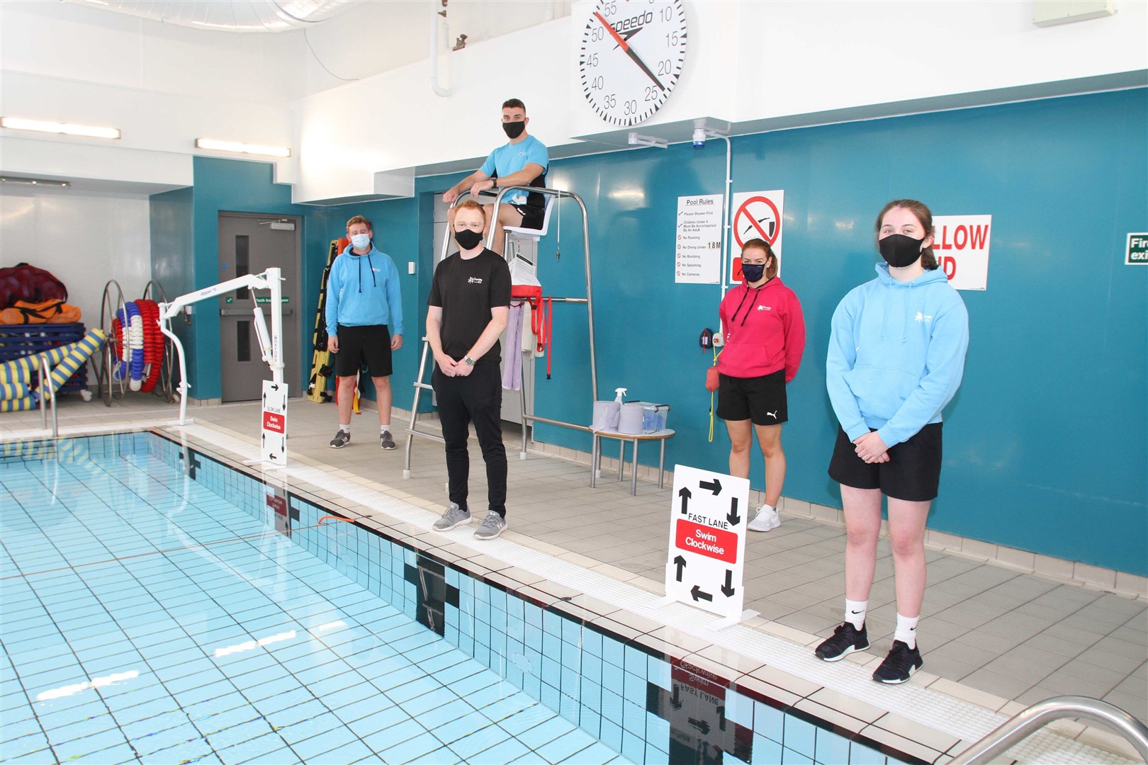Pleased to be back poolside are CMSC staff Sam Morrison, Lee Beckwith, John McCook, Lesley Davis and Charlotte Bissett.