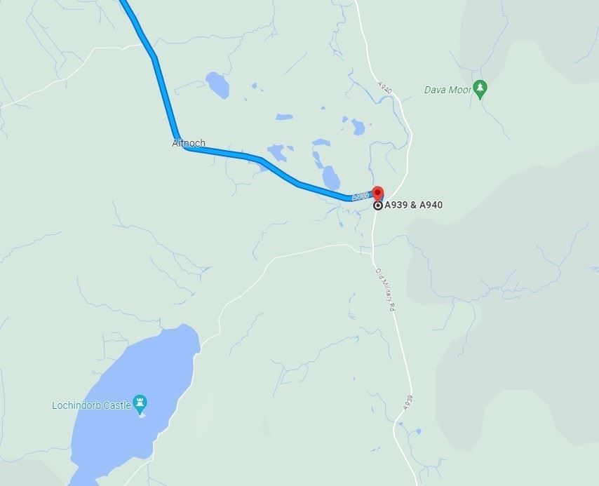 The Nairn-Grantown road is closed at junction with the A940.