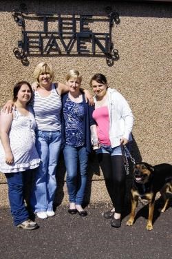 Some of the walkers pictured at The Haven are Tabitha Laughlin, manager Angela Edwards, Karen Nicolson, Kayrn Irodenko and Saffire the dog.