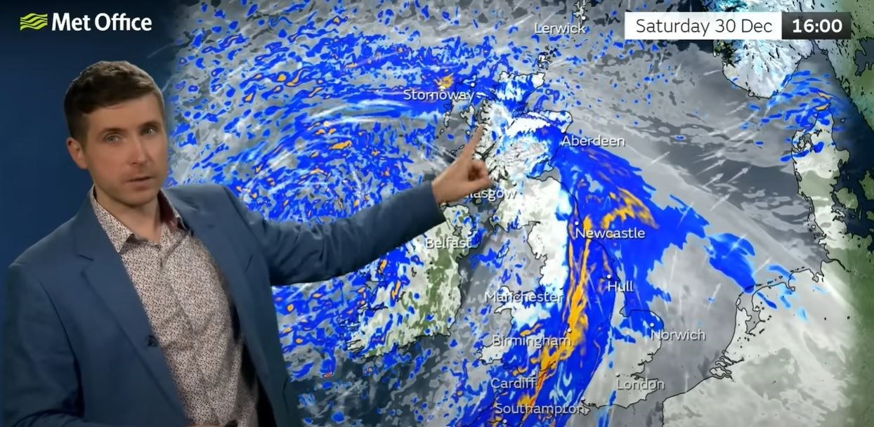 The forecast for Saturday afternoon shows areas of snow falling over the Cairngorms, hills and mountains around Loch Ness, and the higher ground of Sutherland and Ross-shire, with rain at lower levels. Picture: Met Office.