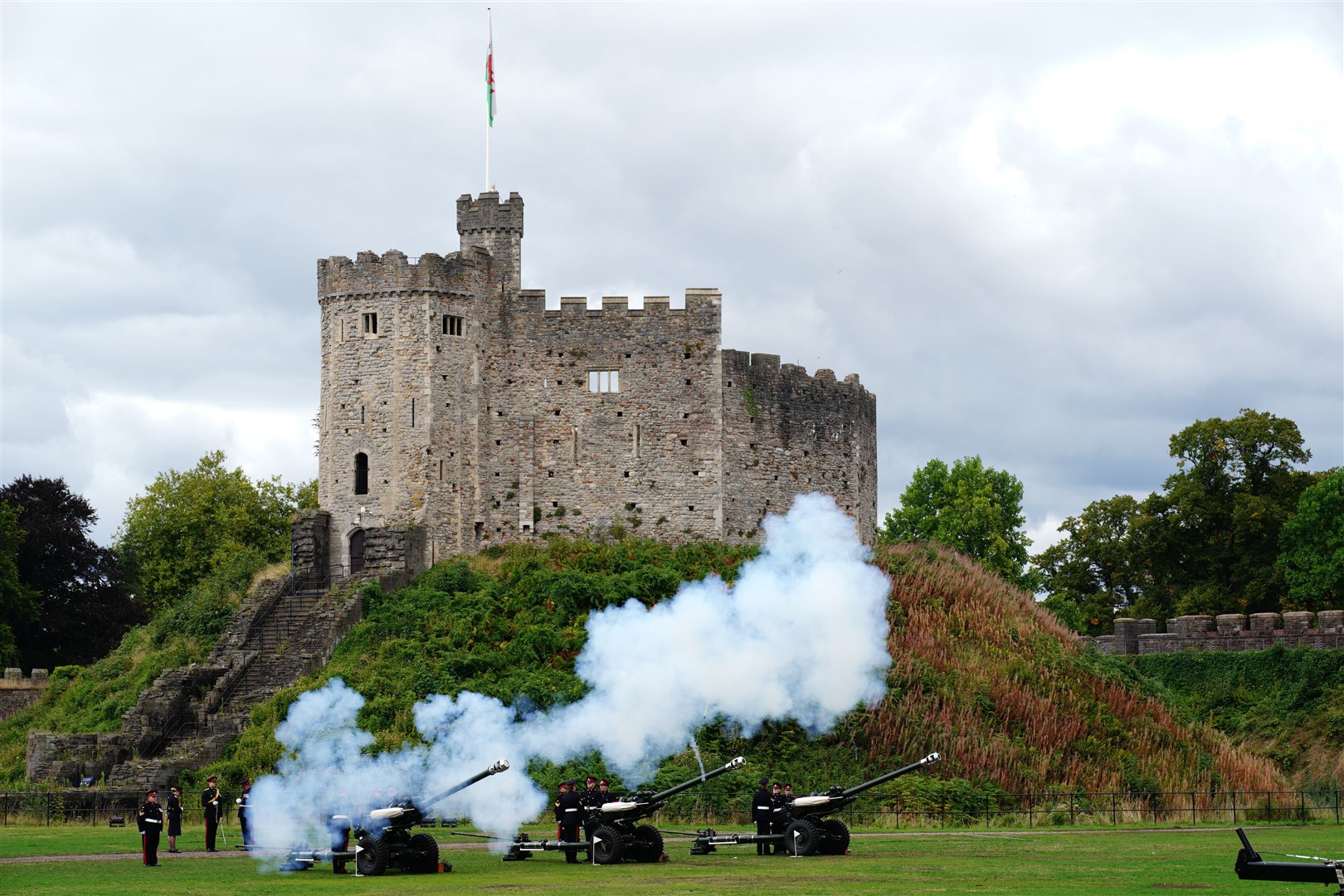 A 21-gun salute at Cardiff Castle, to mark the Proclamation of the Accession of King Charles III (Ben Birchall/PA)