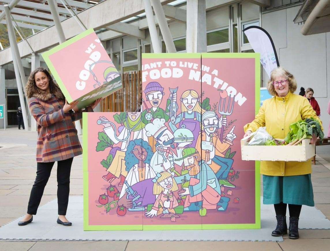 Stephanie Mander, senior policy officer at Nourish Scotland (left) and Highlands and Islands campaignerTheona Morrison (right), at the campaigning event outside Scottish Parliament on April 26, (Picture: Elaine Livingstone)