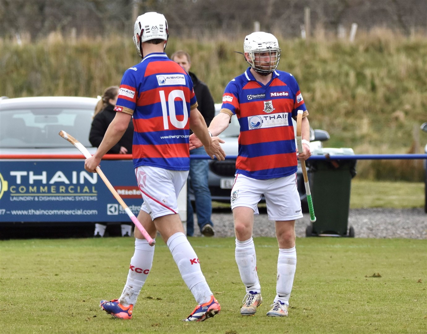Ruaridh Anderson (right) celebrates one of the Kings' goals with hat-trick hero Roddy Young. Pictures: Fiona Young.