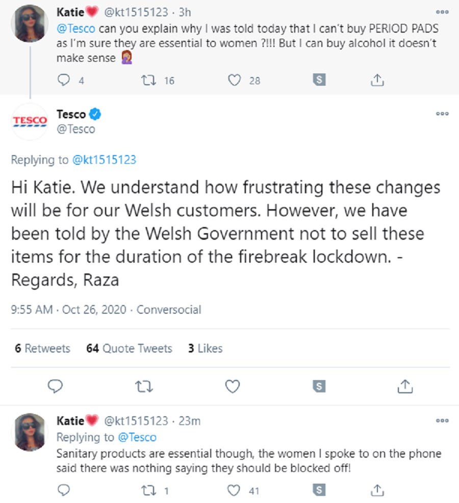Tesco said on Twitter that Welsh Government guidelines had meant it could not sell sanitary products (Twitter/Screengrab/PA)