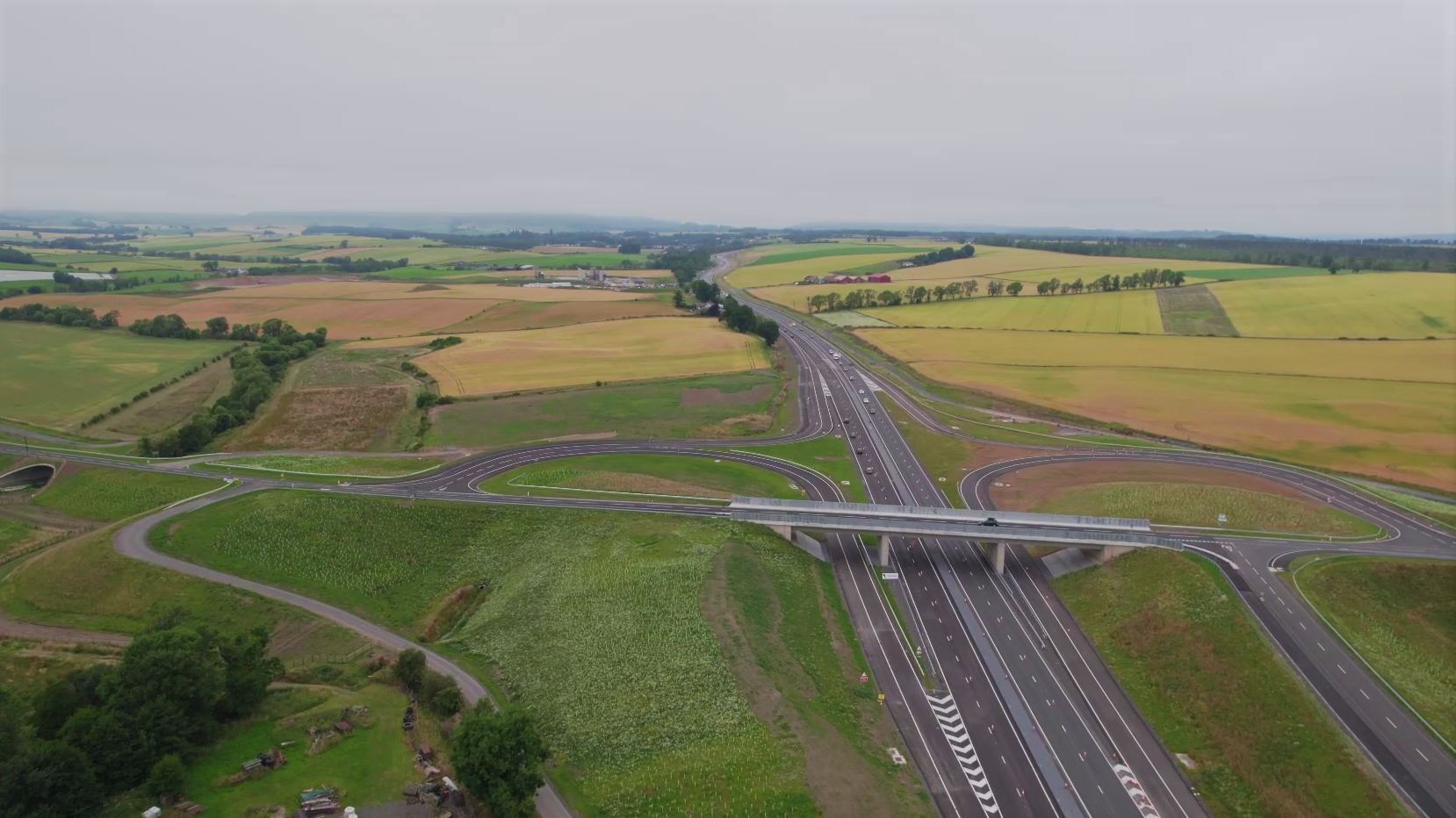 Opening to traffic - the new A9 dualling from Luncarty to Pass of Birnam showing the Stanley Tullybelton junction.