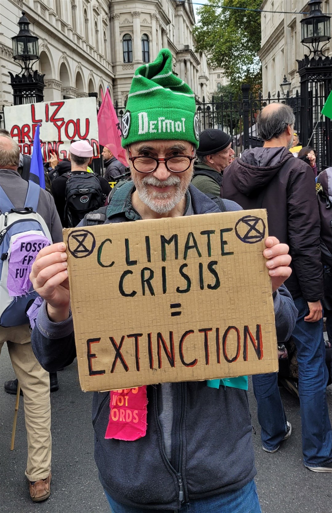 Dermot Williamson on a climate change demonstration at Downing Street.
