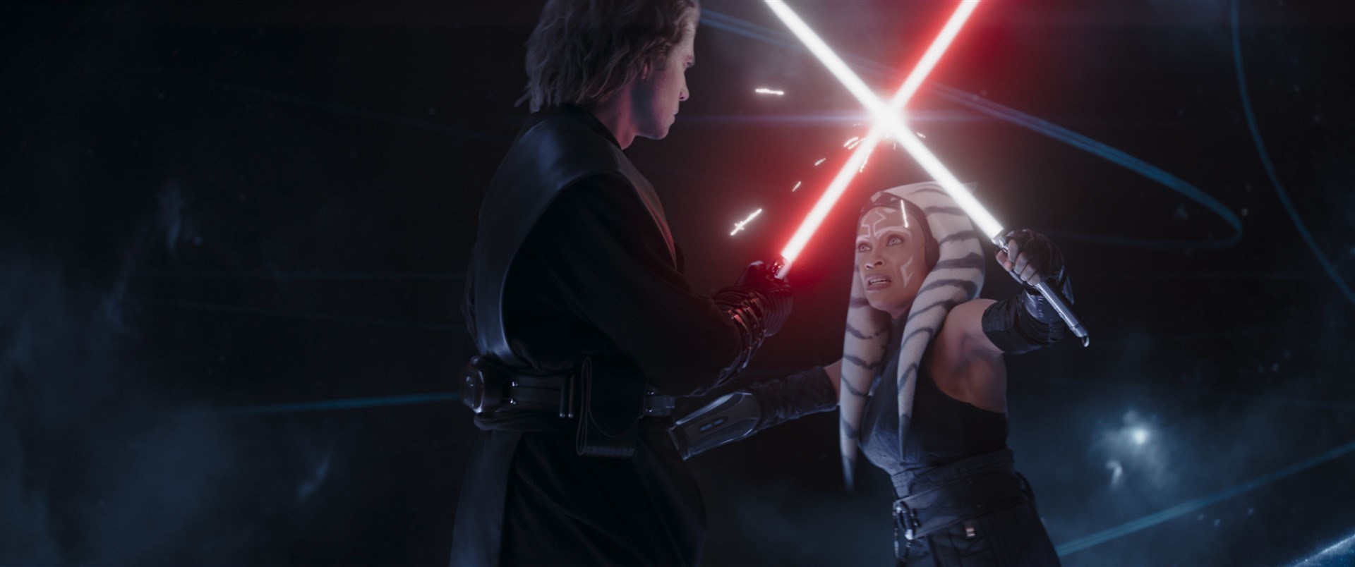 (L-R): Anakin Skywalker (Hayden Christensen) and Ahsoka Tano (Rosario Dawson) in Lucasfilm's STAR WARS: AHSOKA, exclusively on Disney+. ©2023 Lucasfilm Ltd. & TM. All Rights Reserved.