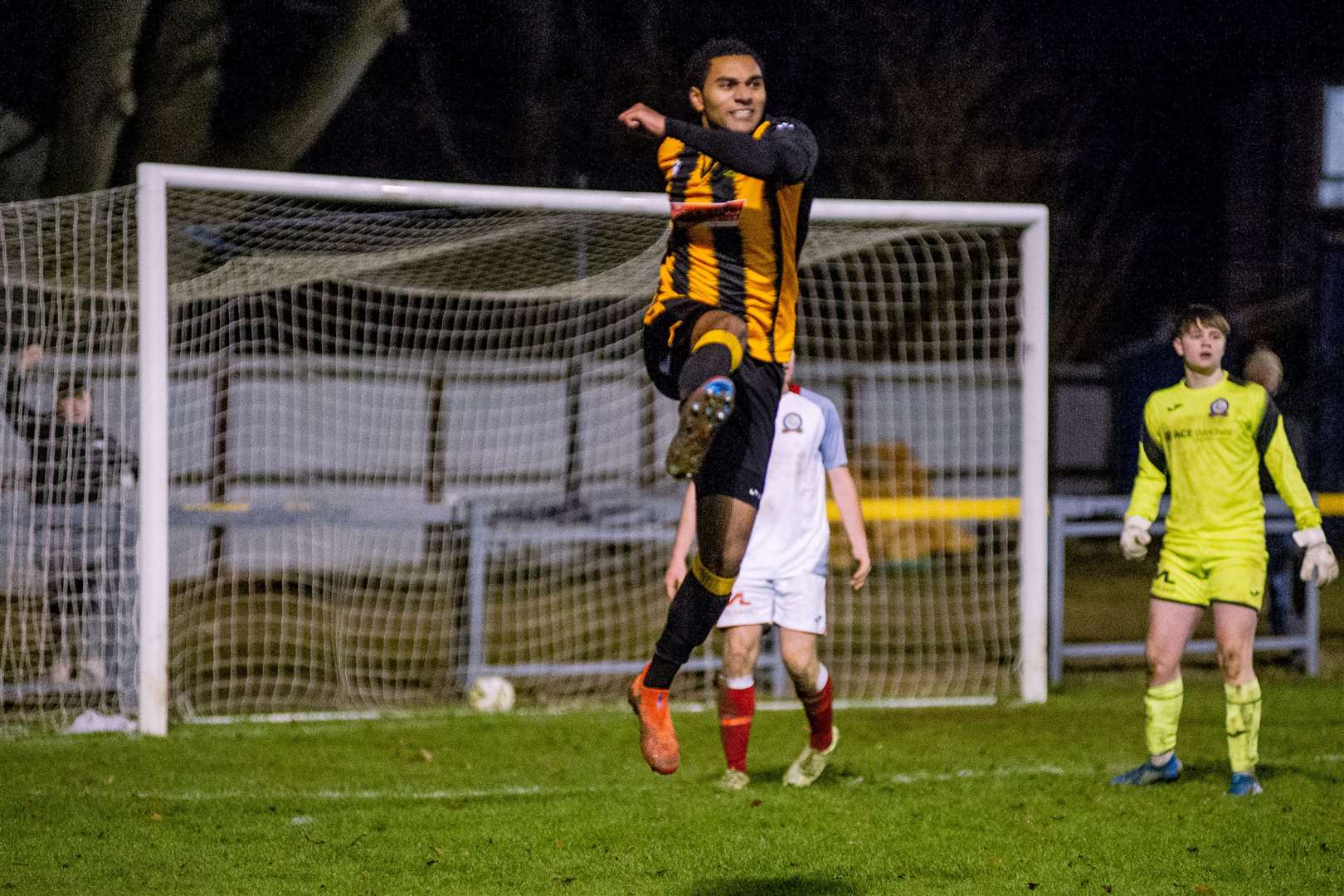 Huntly forward Robbie Foster scores on his debut for the Gordon club. ..Huntly FC (3) vs Turriff United FC (0) - Christie Park, Huntly 27/12/2021 - Highland Football League...Picture: Daniel Forsyth..
