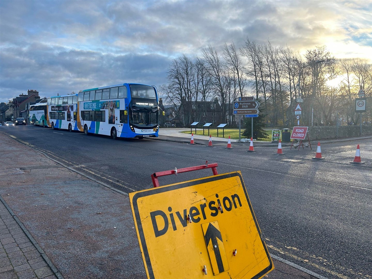 No way through: buses waiting for clearance this morning. Aidan Woods