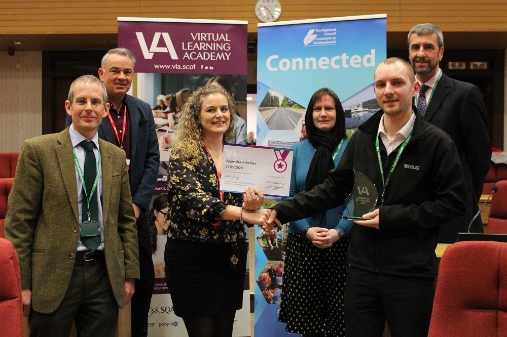 Pictured (from left) are Highland Council ICT Operations Manager Jon Shepherd, VLA Learning Consultant Roy MacKenzie, VLA Business Manager Louise Wheeler, Highland Council Learning and Development Adviser Fiona Emslie, Highland Council Digital Support Officer John Greig and Highland Council's Digital Services Manager, Robert Newman.