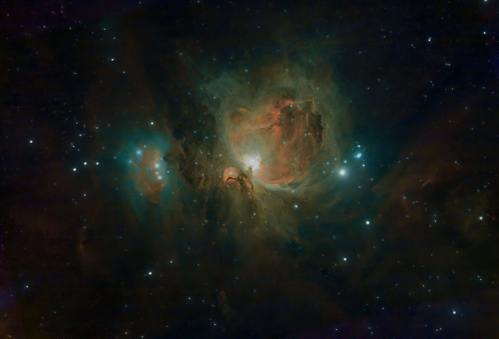 Moving further out again beyond the solar system, we enter the realm of deep space. This is Messier 42 (M42) also known more commonly as the Orion Nebular and is one of few nebulae that are visible to the naked eye. M42 is a diffuse nebula situated in the Milky Way and is the central 'star' of Orion’s sword. The Orion Nebula is some 1,344 light years distant, and the nebula spans some 24 light years across.