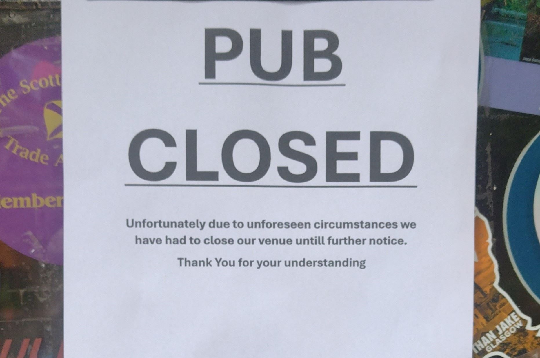 A notice posted in the window of the Pine Marten bar after the tragedy. The business is understood to employ around 15 people.