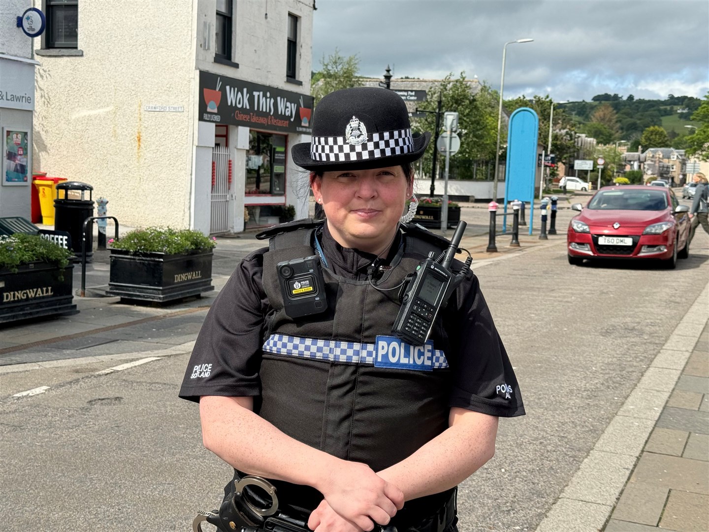 A police officer wearing the new body worn video camera on Dingwall High Street. Picture: Georgia Smyth