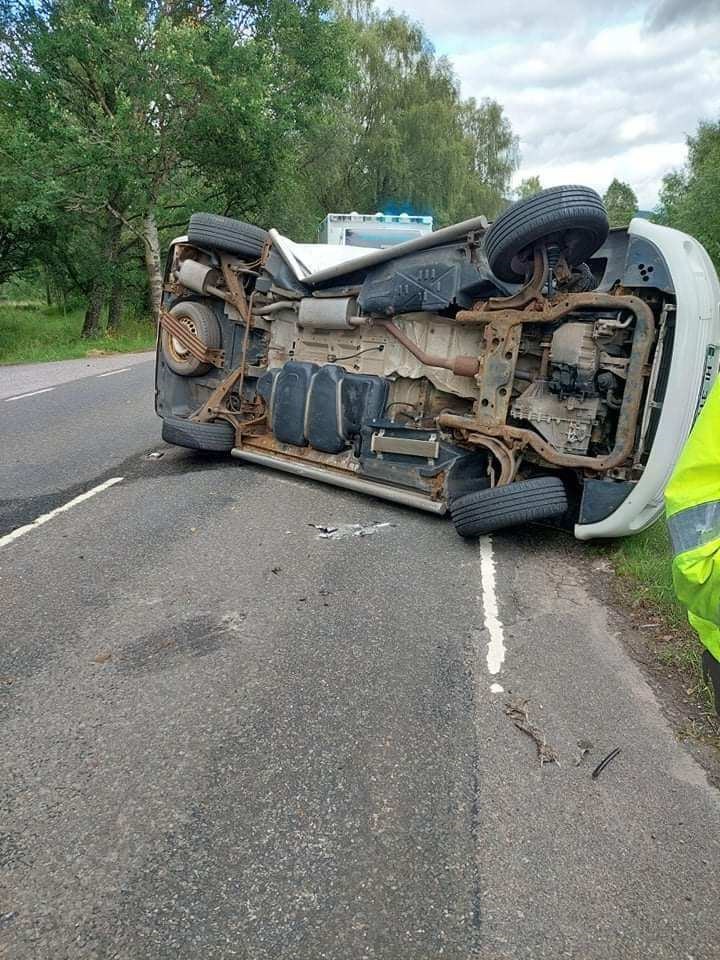 The van which ended up on its side on the Newtonore-Kingussie road this afternoon