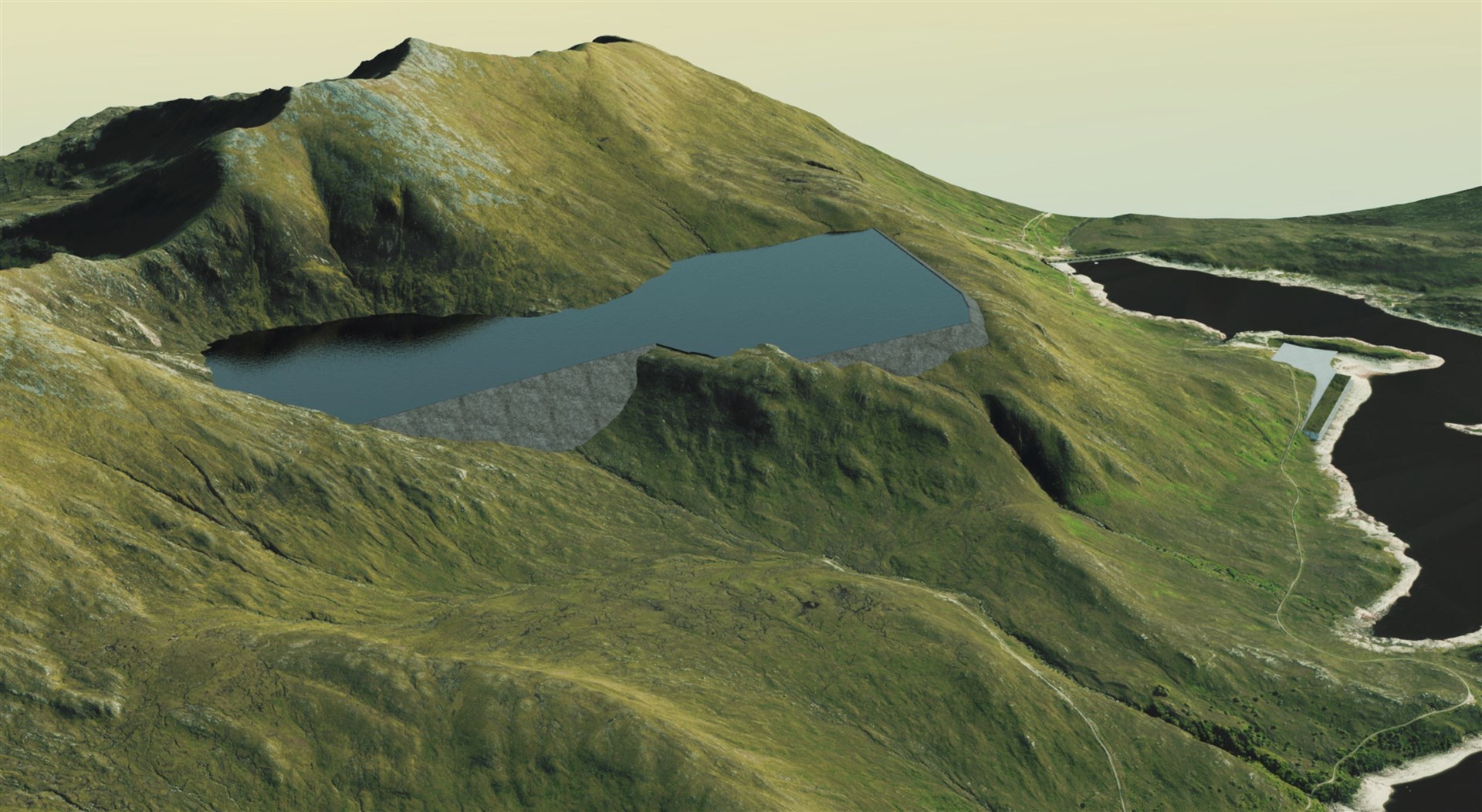 The proposed new dams and upper reservoir (left) with Loch Quoich on the right.