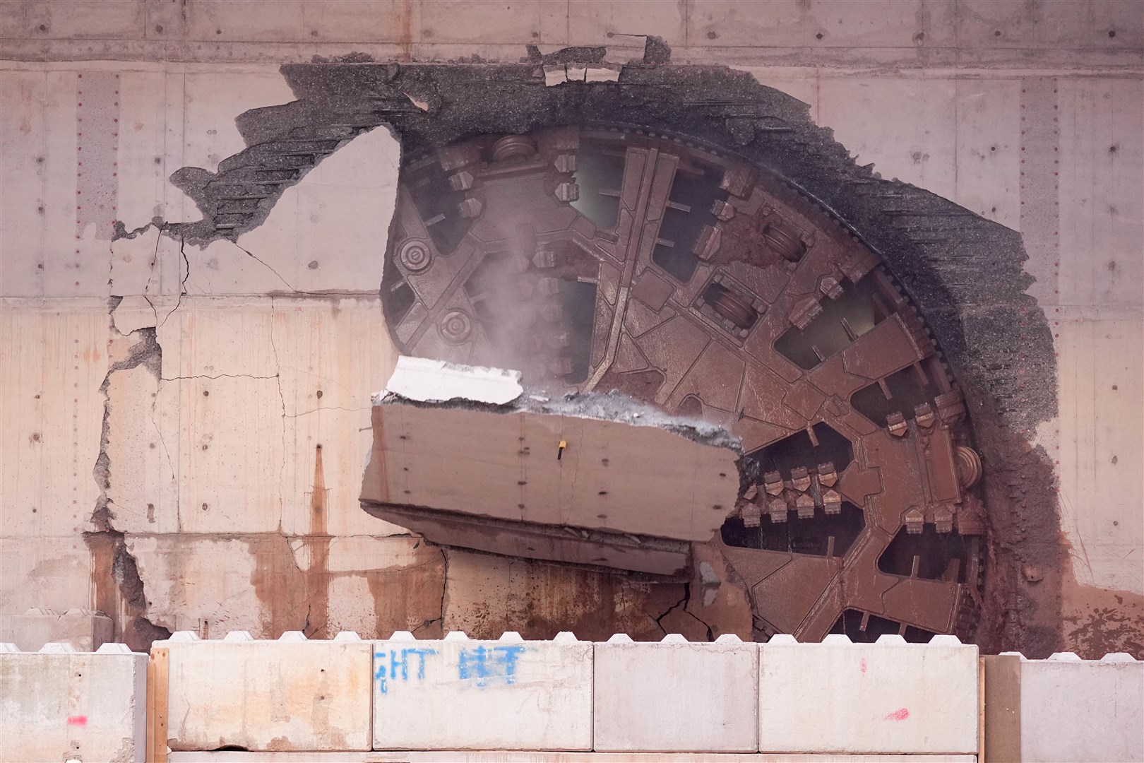 Tunnel boring machine Mary Ann surfaces in Washwood Heath after its 22-month journey (Jacob King/PA)